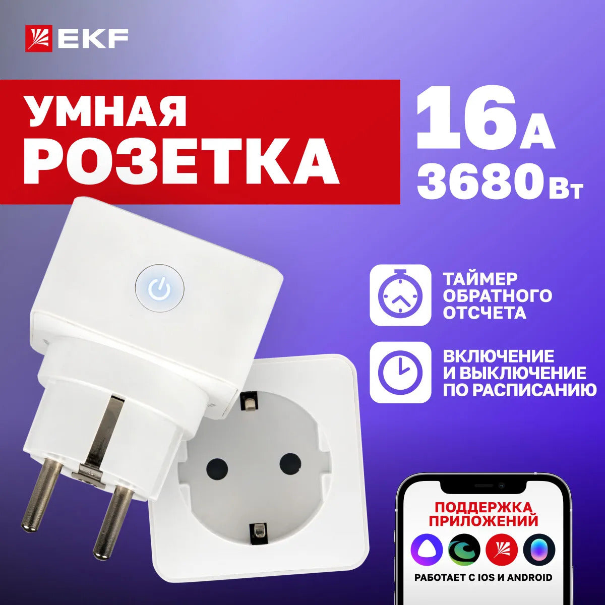 Умная розетка EKF Сonnect с Wi-Fi, Яндекс Алисой, Марусей, Салютом
