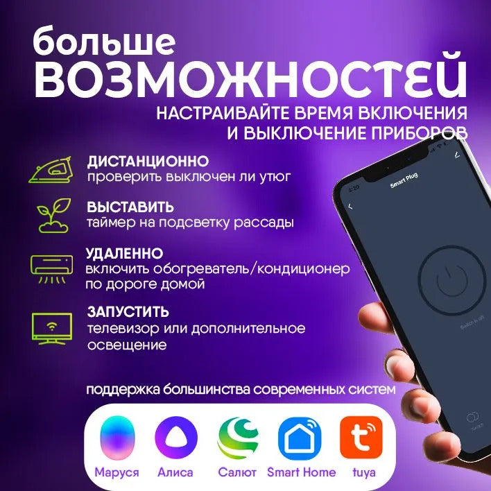 Умная розетка с Wi-Fi, мониторинг потребления, Яндекс Алисой, Марусей, Google Assistant, 16A