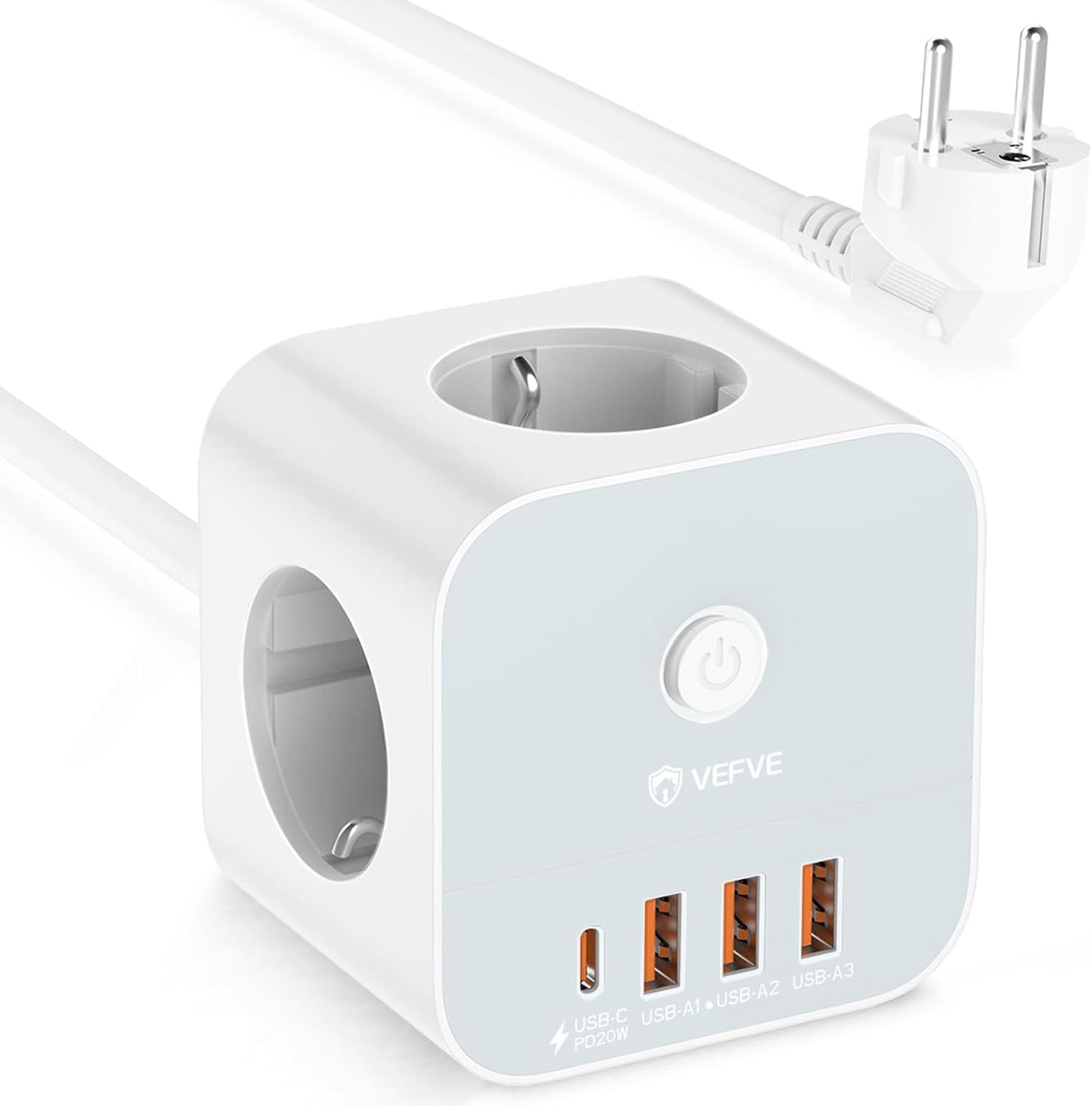 Кубическая розетка с кабелем, кубическая розетка 7-в-1 с USB C 20 Вт, 3 розетки, 1 USB-C и 3 USB-A, удлинитель 3680 Вт с выключателем, удлинительный кабель 3 м
