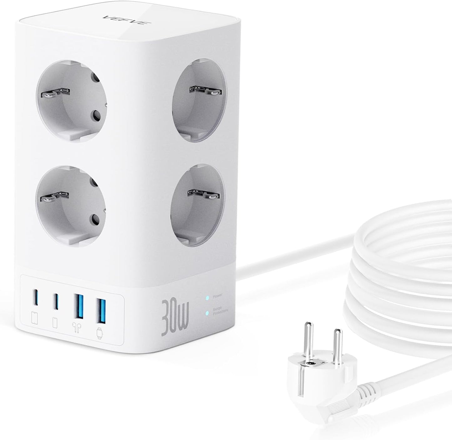 Умная Розетка Multiple Socket with USB C 30 W Fast Charge, 8 Way Socket Tower with 4 USB, Power Strip with Switch Surge Protection, 2 m Cable, 4000 W 16 A, for Office, Home, Gaming