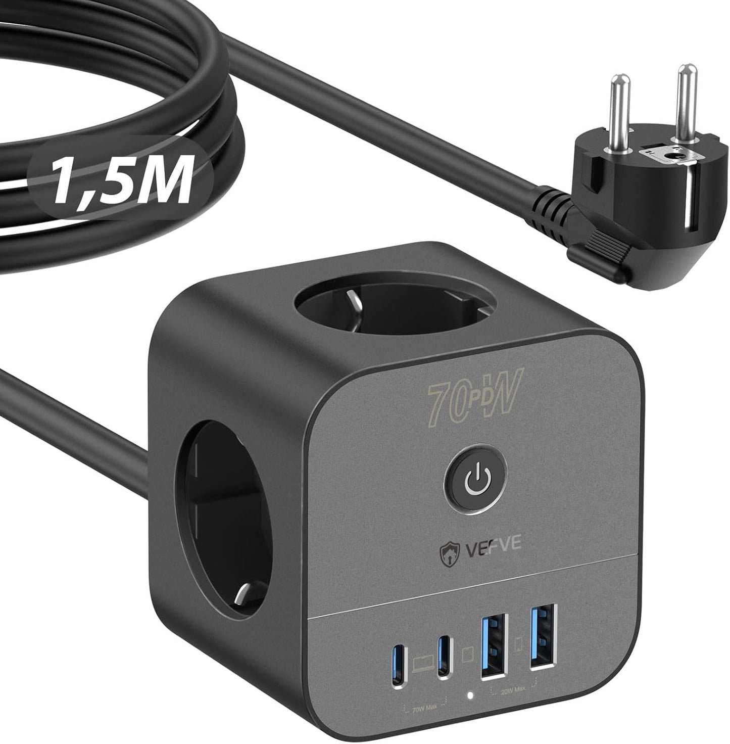 Кубическая розетка с кабелем, кубическая розетка 7-в-1 с USB C 20 Вт, 3 розетки, 1 USB-C и 3 USB-A, удлинитель 3680 Вт с выключателем, удлинительный кабель 3 м