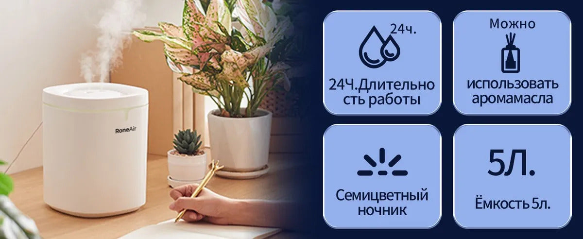 Увлажнитель воздуха RoneAIR HF50A 5л для новорожденных, Ультразвуковой Увлажнитель воздуха для дома настольный с подсветкой, для цветов, большой аромадиффузор, xiaomi