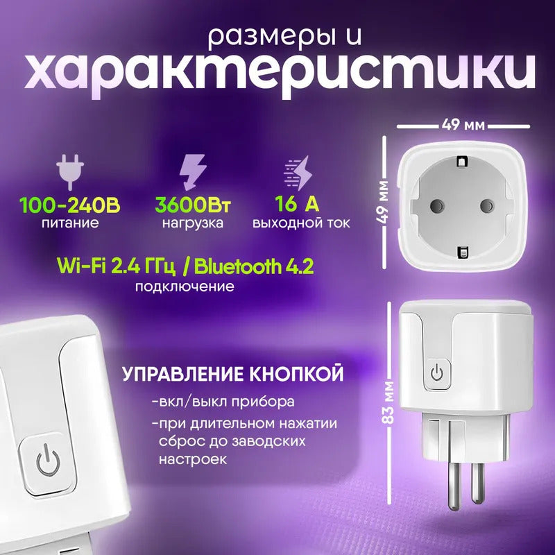 Умная розетка с Wi-Fi, мониторинг потребления, Яндекс Алисой, Марусей, Google Assistant, 16A