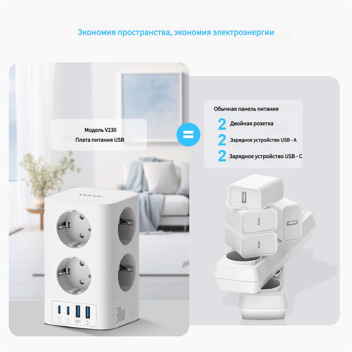 Умная Розетка Multiple Socket with USB C 30 W Fast Charge, 8 Way Socket Tower with 4 USB, Power Strip with Switch Surge Protection, 2 m Cable, 4000 W 16 A, for Office, Home, Gaming