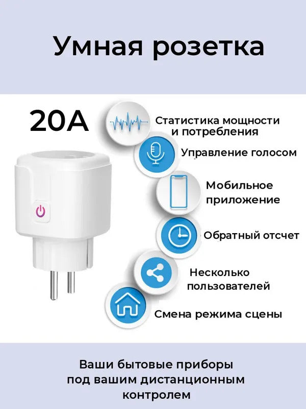 Умная беспроводная Wi-Fi розетка, голосовое управление Yandex Алиса, таймер, 20А, с отслеживанием энергопотребления